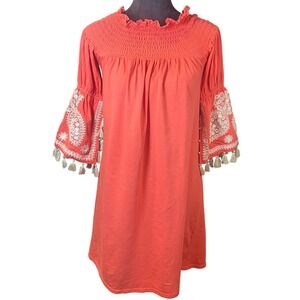 Vava by Joy Han Coral Embroidered Tassel Bell Sleeve Mini Dress XS Bohoemian